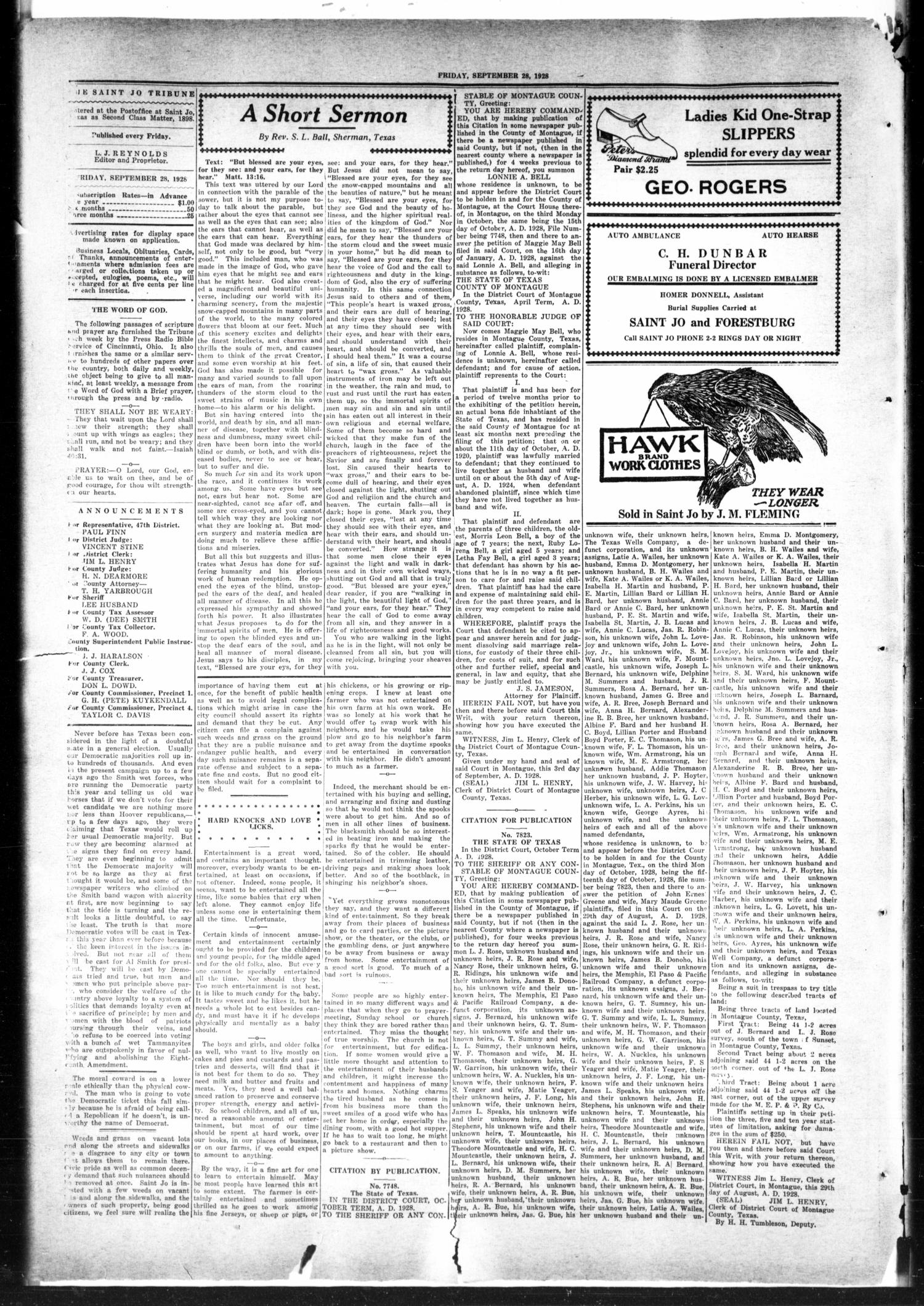 The Saint Jo Tribune (Saint Jo, Tex.), Vol. 30, No. 44, Ed. 1 Friday, September 28, 1928
                                                
                                                    [Sequence #]: 2 of 4
                                                