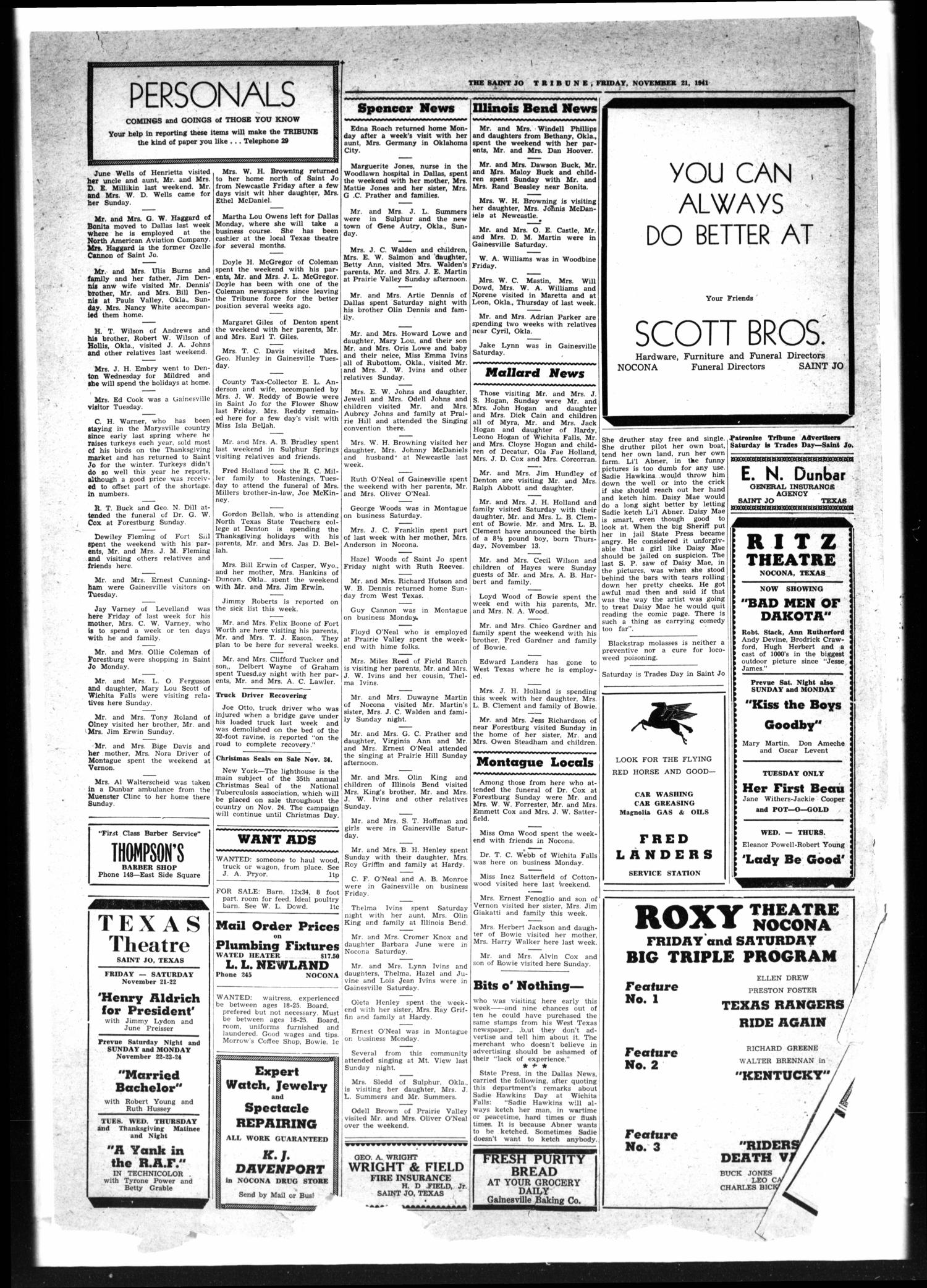 The Saint Jo Tribune (Saint Jo, Tex.), Vol. 44, No. 24, Ed. 1 Friday, November 21, 1941
                                                
                                                    [Sequence #]: 4 of 4
                                                