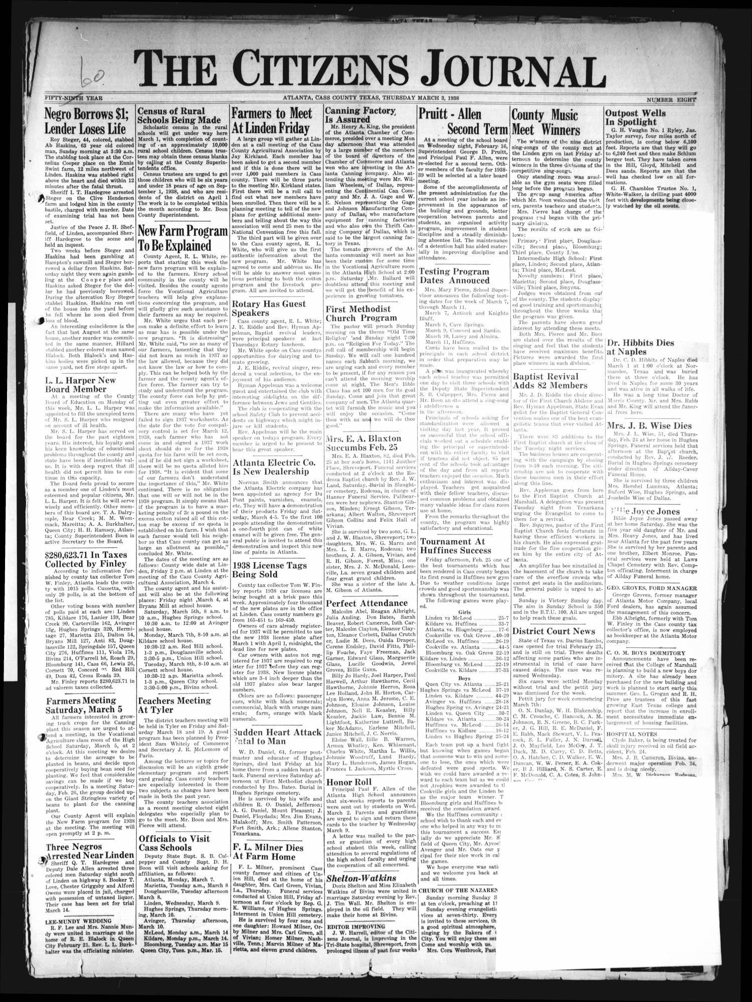 The Citizens Journal (Atlanta, Tex.), Vol. 59, No. 8, Ed. 1 Thursday, March 3, 1938
                                                
                                                    [Sequence #]: 1 of 8
                                                