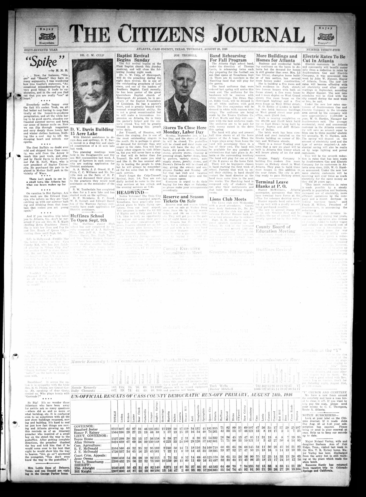 The Citizens Journal (Atlanta, Tex.), Vol. 67, No. 35, Ed. 1 Thursday, August 29, 1946
                                                
                                                    [Sequence #]: 1 of 8
                                                