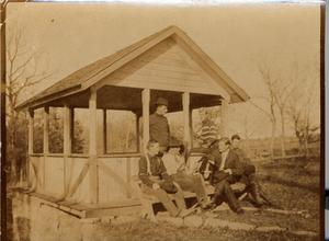 Primary view of object titled 'Railroad Survey Crew Members in Gazebo, c. 1902'.