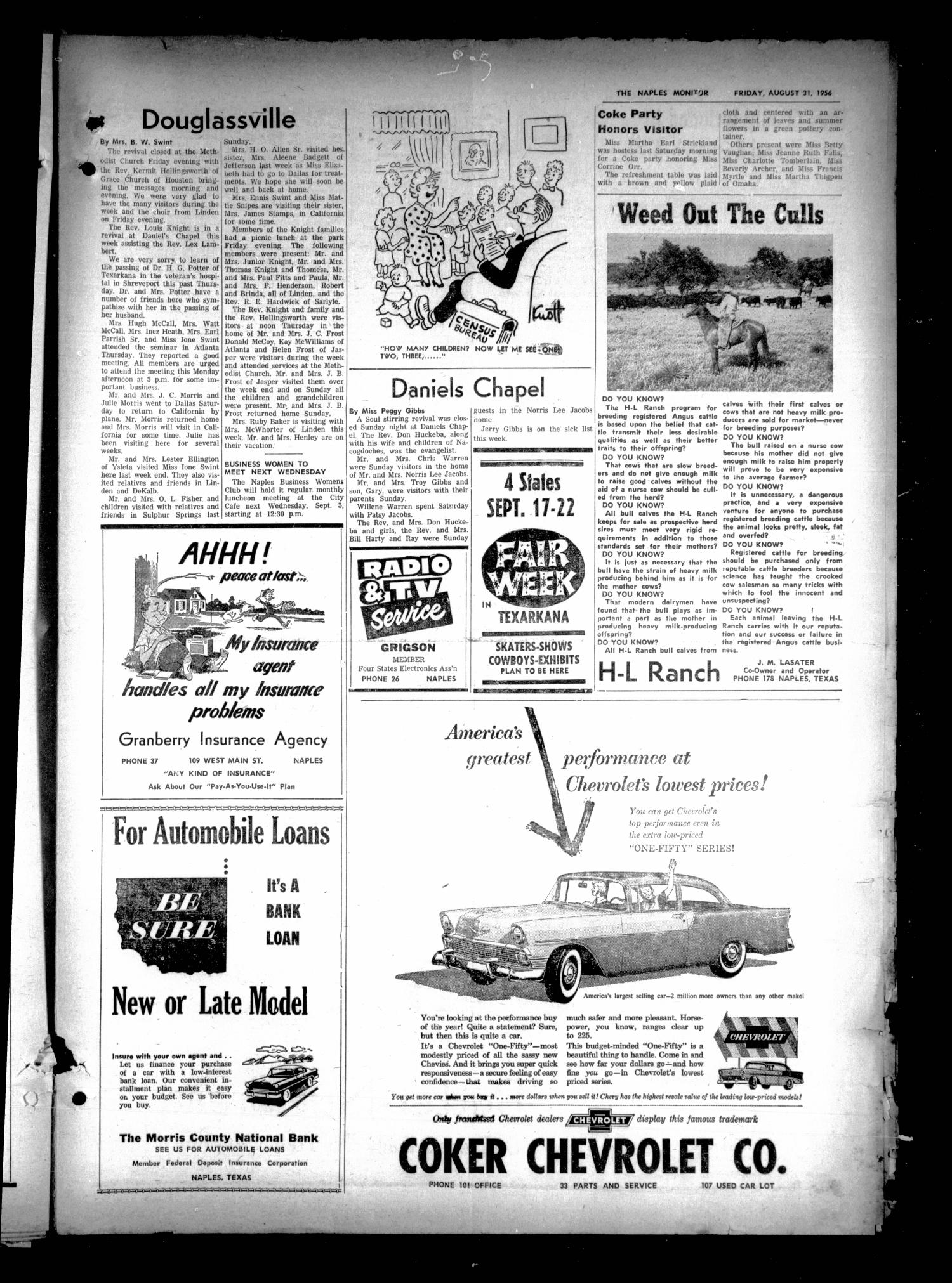 The Naples Monitor (Naples, Tex.), Vol. 71, No. 5, Ed. 1 Friday, August 31, 1956
                                                
                                                    [Sequence #]: 3 of 8
                                                