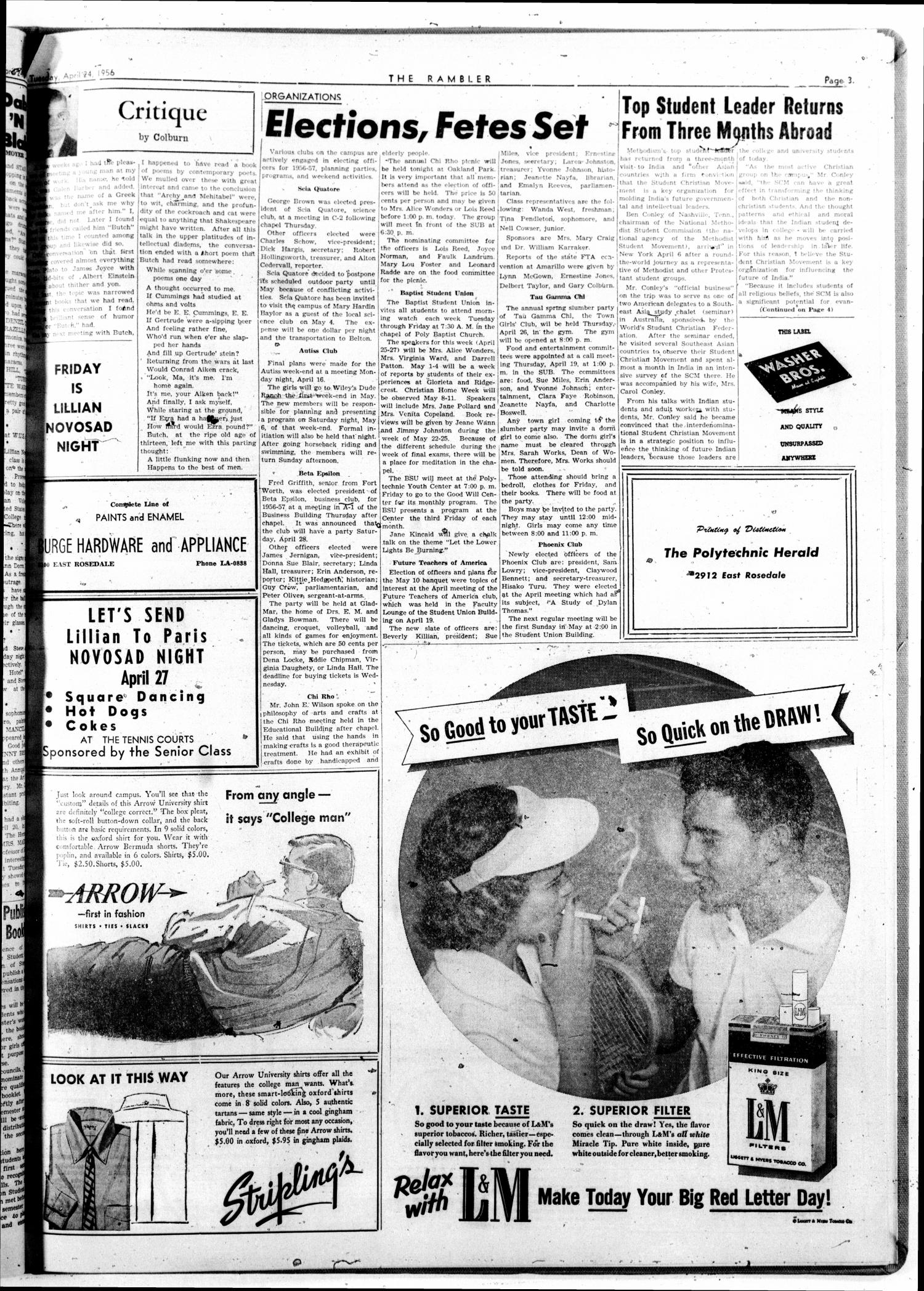 The Rambler (Fort Worth, Tex.), Vol. 28, No. 27, Ed. 1 Tuesday, April 24, 1956
                                                
                                                    [Sequence #]: 3 of 4
                                                