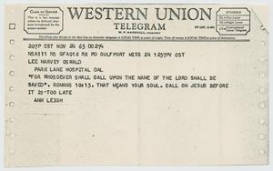 [Telegram to Lee Harvey Oswald from Ann Leigh, November 24, 1963]