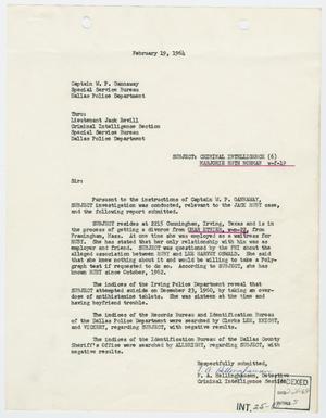 Primary view of object titled '[Report to W. P. Gannaway by F. A. Hellinghausen, February 19, 1964]'.
