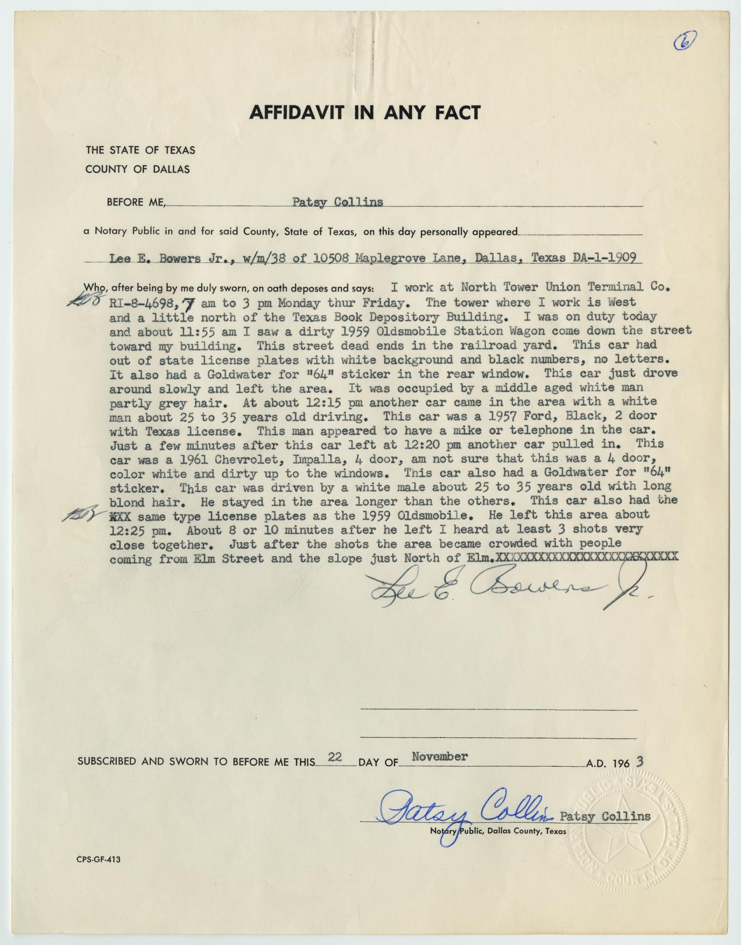 Affidavit in Any Fact - Statement by Lee E. Bowers, November 22, 1963 #1] -  The Portal to Texas History