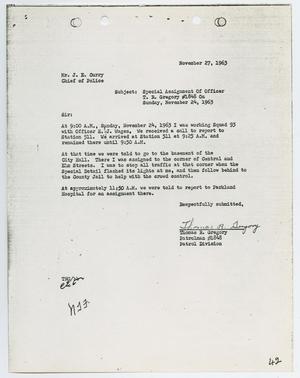 [Report from Thomas R. Gregory to Chief J. E. Curry, November 27, 1963]