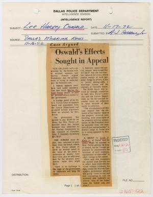 Primary view of object titled '[Newspaper Clipping: Oswald's Effects Sought in Appeal]'.