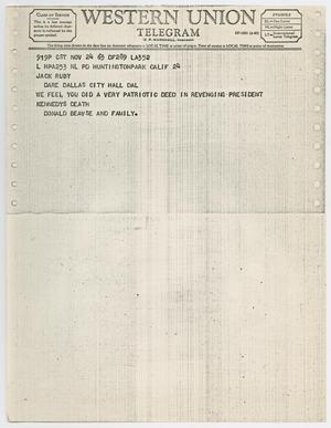 [Telegram to Jack Ruby from Donald Beavse and Family, November 24, 1963 #2]