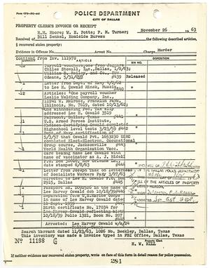 [Property Clerk's Invoice or Receipt for property belonging to Lee Harvey Oswald, by H. W. Hill]
