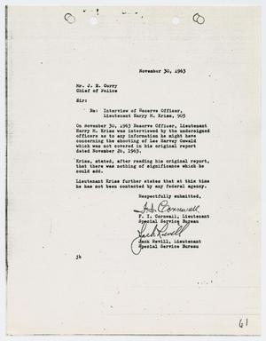 [Report from F. I. Cornwall to Chief J. E. Curry, November 30, 1963]