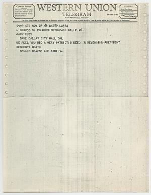 [Telegram to Jack Ruby from Donald Beavse and Family, November 24, 1963 #1]