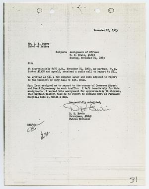 [Report from D. K. Erwin to Chief J. E. Curry, November 26, 1963]