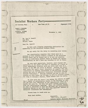 [Letter from Farrell Dobbs to Lee Harvey Oswald, November 5, 1962]