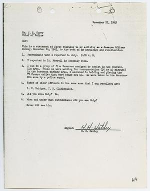 Primary view of object titled '[Report from H. H. Hatley to Chief J. E. Curry, November 27, 1963]'.