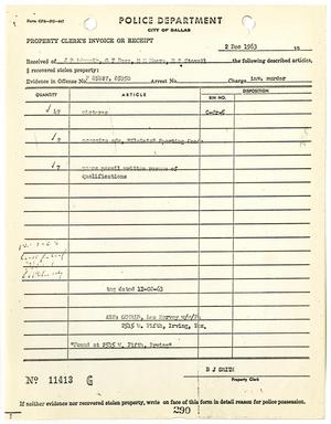 [Property Clerk's Invoice or Receipt of property belonging to Lee Harvey Oswald, by B. J. Smith]