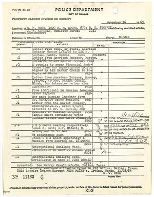 [Property Clerk's Invoice or Receipt for property belonging to Lee Harvey Oswald, by H. W. Hill]