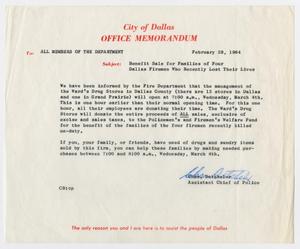 [Memorandum by Charles Batchelor for benefit sales for Dallas firemen, February 28, 1964]