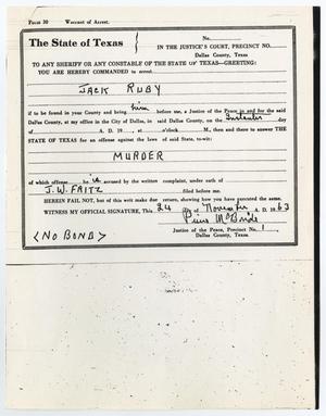 Primary view of object titled '[Warrant of Arrest for Jack Ruby, by Pierce McBride]'.