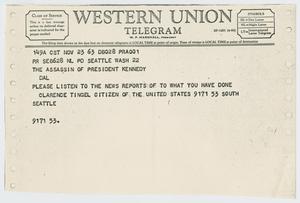 [Telegram to Lee Harvey Oswald from Clarence Tingle, November 23, 1963]
