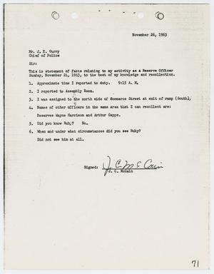 [Report from J. C. McCain to Chief J. E. Curry, November 26, 1963]