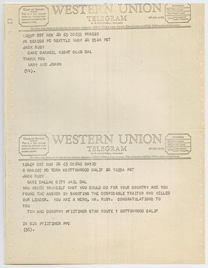 Primary view of object titled '[Telegrams to Jack Ruby from Mary, Joann and Tom and Dorothy Pfitzner, November 24, 1963 #2]'.