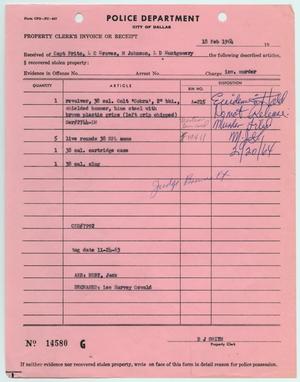 Primary view of object titled '[Property Clerk's Invoice or Receipt for Jack Ruby's Pistol, February 18, 1964]'.