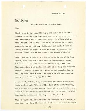 [Report from H. H. Stringer to Chief J. E. Curry, concerning the arrest of Lee Harvey Oswald #1]