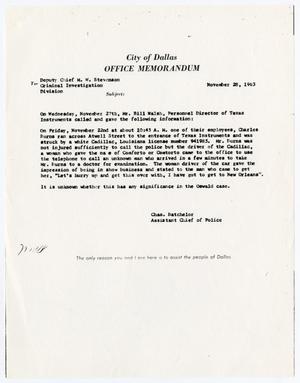 Primary view of object titled '[Memorandum by Assistant Chief Charles Batchelor to Deputy Chief M. W. Stevenson]'.