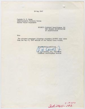[Report to W. F. Dyson by A. J. Carroll, May 18th, 1967]