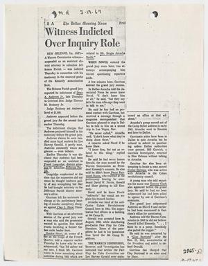 Primary view of object titled '[Newspaper Clipping: Witness Indicted Over Inquiry Role #1]'.