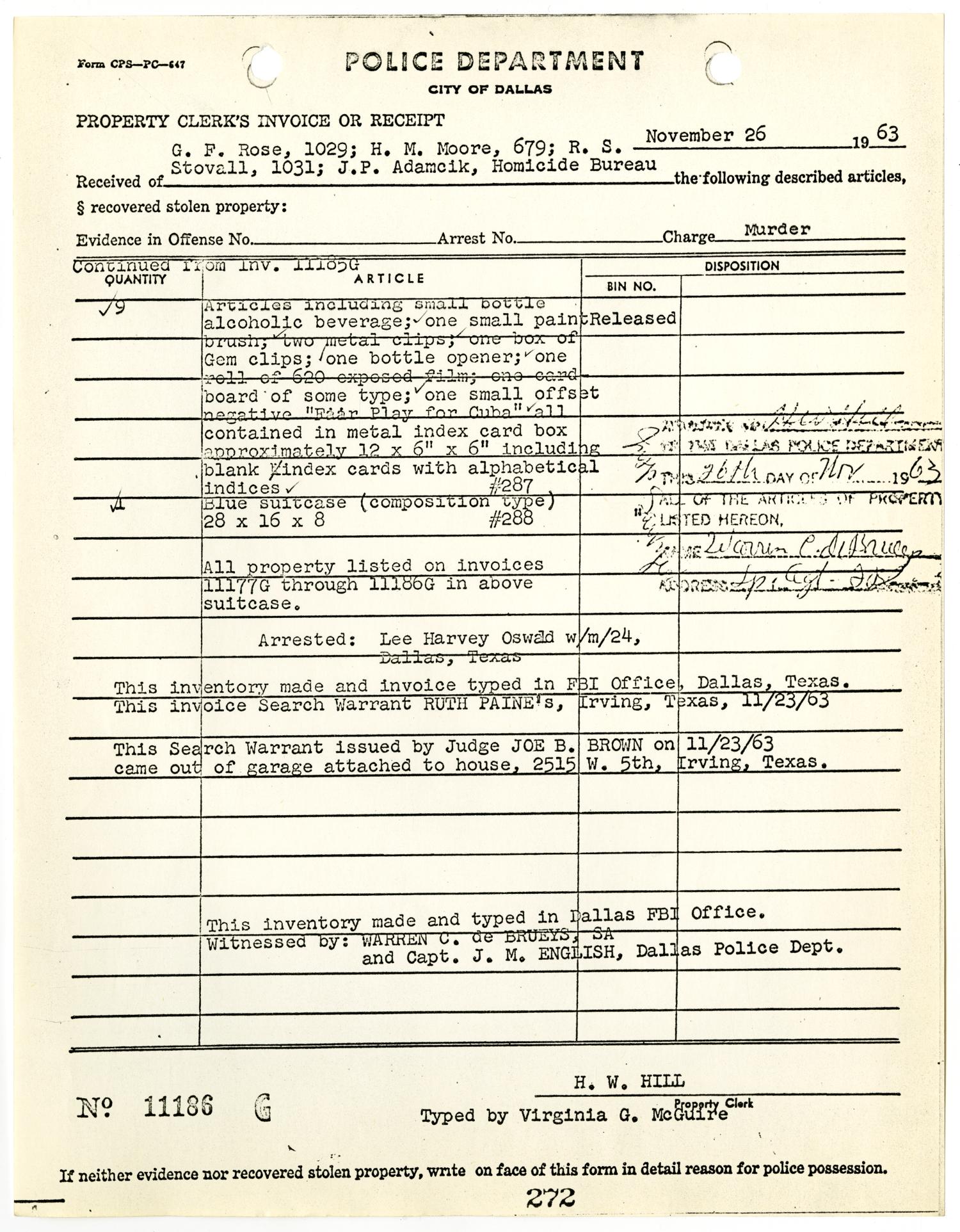 property-clerk-s-invoice-or-receipt-for-property-belonging-to-lee-harvey-oswald-by-h-w-hill
