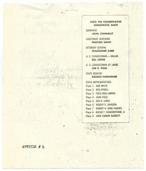 Primary view of object titled '[Photocopies of the Democratic ticket and address of Sam Bloom]'.