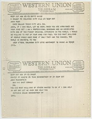 [Telegrams to Jack Ruby from Jeep O'Neal and Patricia Milne, November 24, 1963 #1]