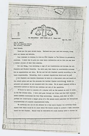 [Letter to Lee Harvey Oswald from Fair Play for Cuba Committee, May 29, 1963]