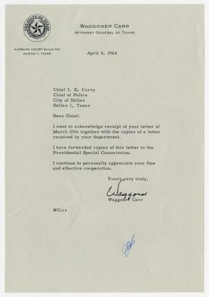 Primary view of object titled '[Letter from Vincent Waggoner Carr to Chief J. E. Curry - April 6, 1964]'.