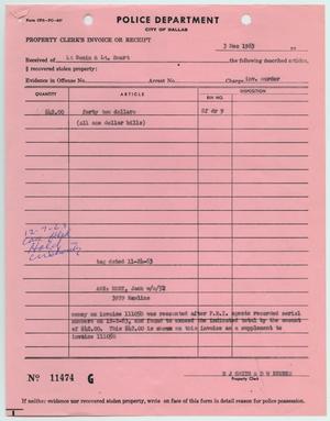 [Handwritten note on Property Clerk's Receipt of Items Belonging to Jack Ruby, December 3, 1963]