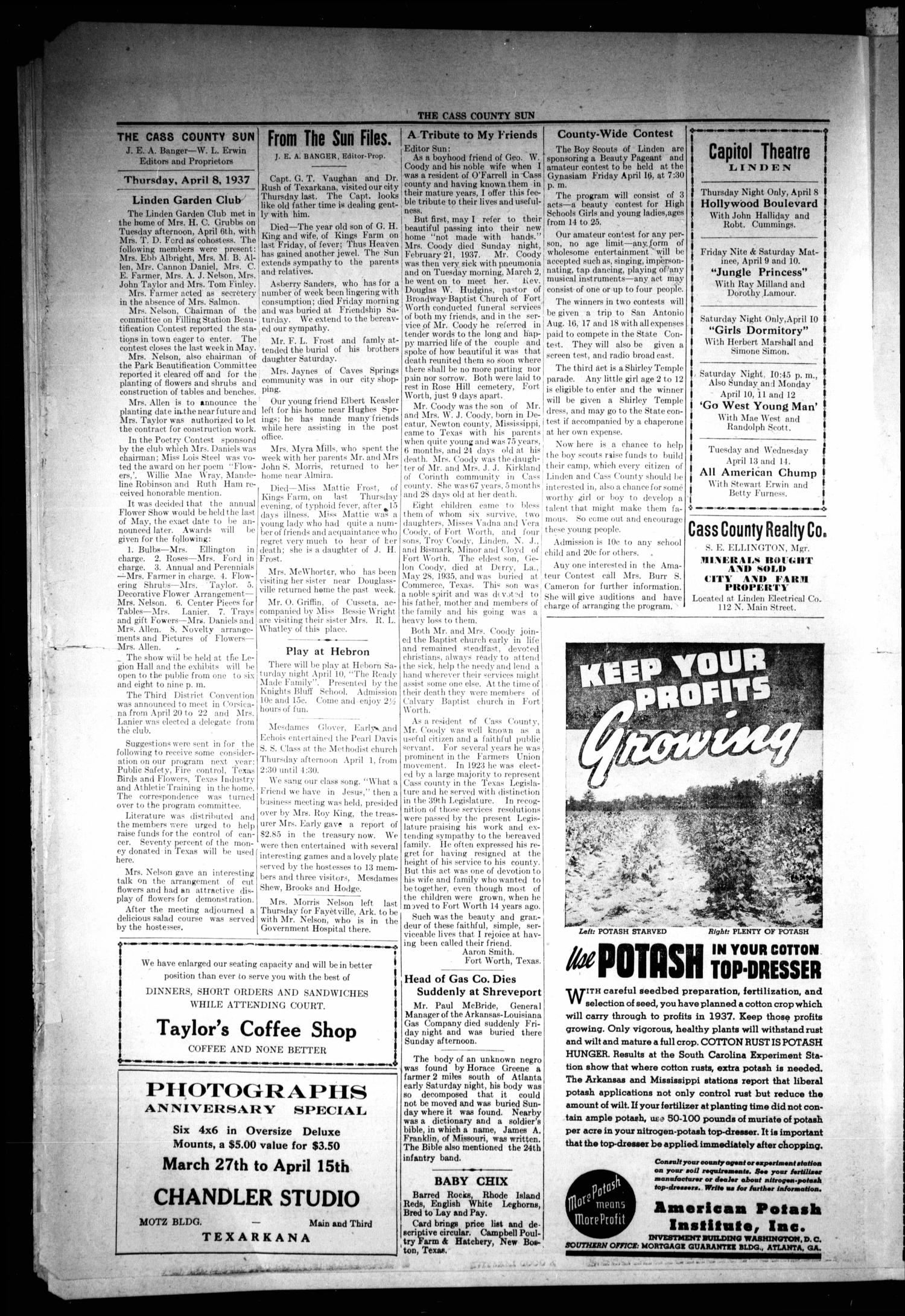 The Cass County Sun (Linden, Tex.), Vol. 62, No. 14, Ed. 1 Thursday, April 8, 1937
                                                
                                                    [Sequence #]: 4 of 8
                                                