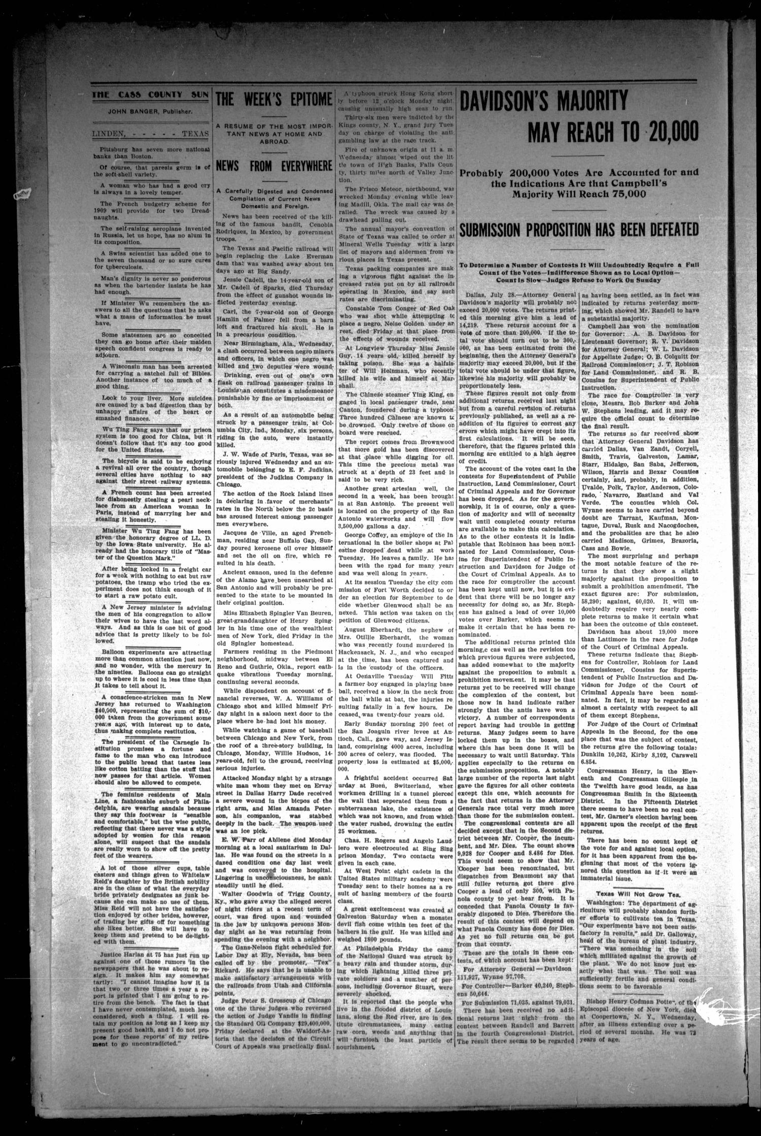 The Cass County Sun (Linden, Tex.), Vol. 33, No. 31, Ed. 1 Tuesday, August 4, 1908
                                                
                                                    [Sequence #]: 2 of 8
                                                