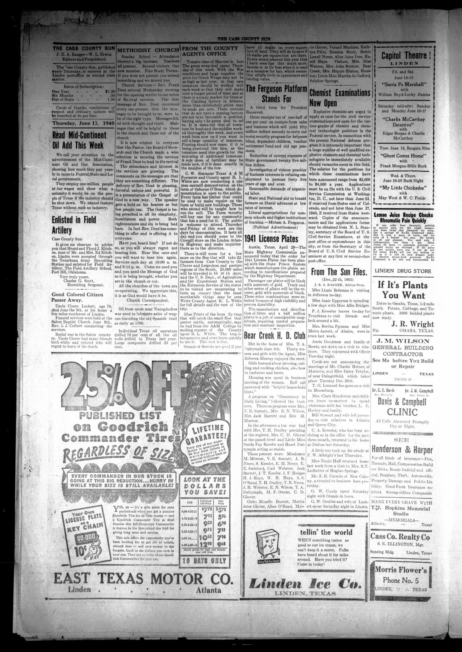 The Cass County Sun (Linden, Tex.), Vol. 64, No. 26, Ed. 1 Thursday, June 13, 1940
                                                
                                                    [Sequence #]: 4 of 8
                                                