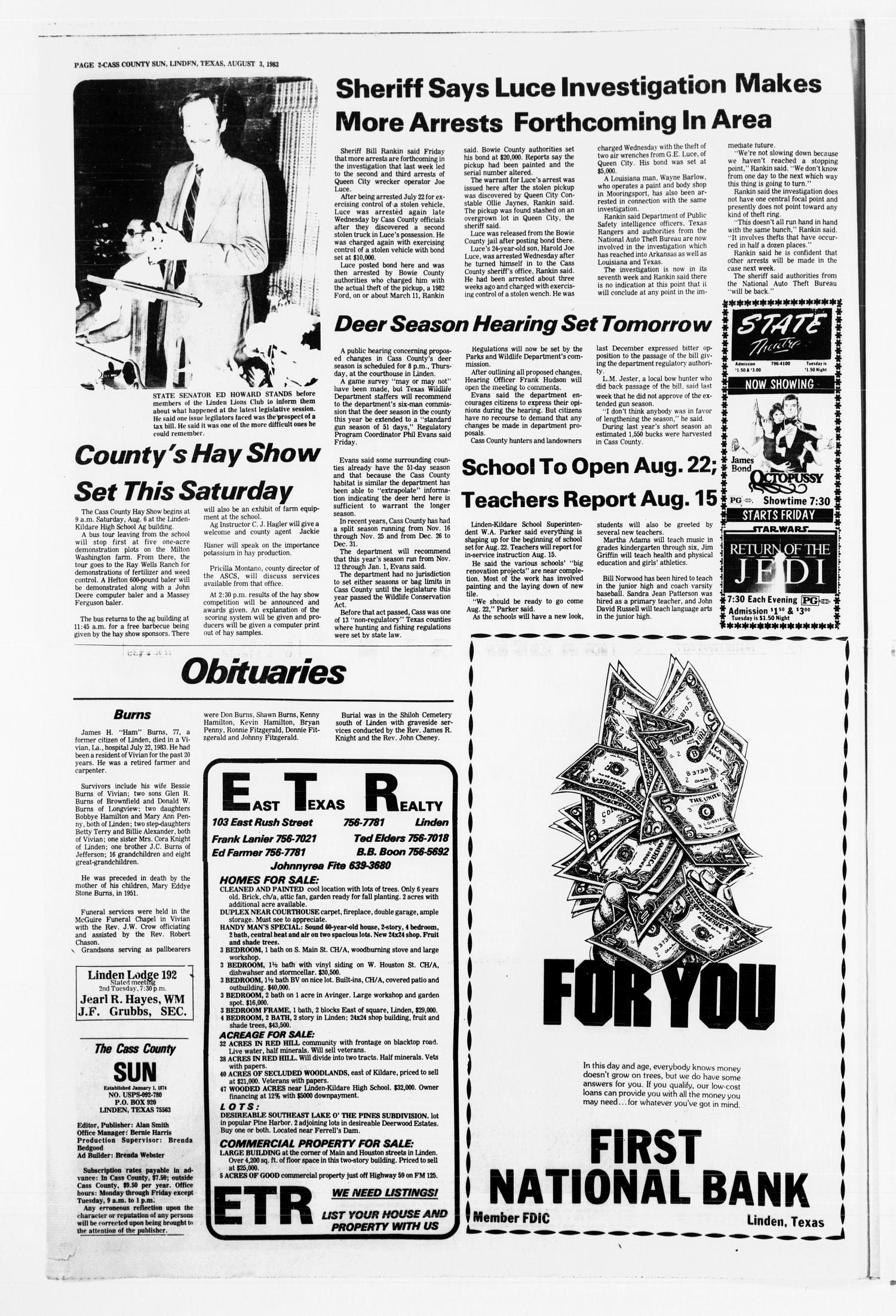 The New Cass County Sun (Linden, Tex.), Vol. 107, No. 31, Ed. 1 Wednesday, August 3, 1983
                                                
                                                    [Sequence #]: 2 of 12
                                                