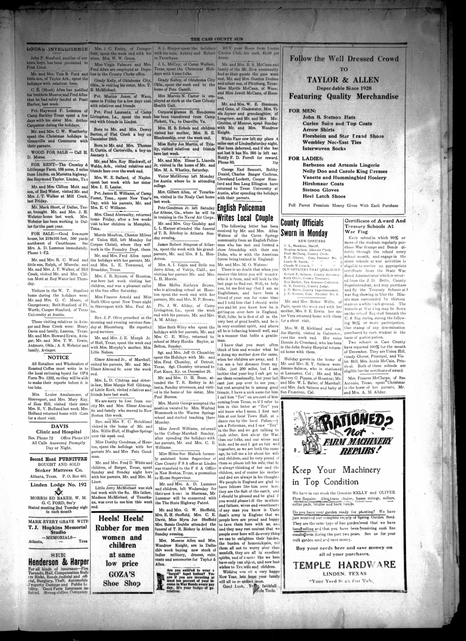 The Cass County Sun (Linden, Tex.), Vol. 67, No. 1, Ed. 1 Thursday, January 7, 1943
                                                
                                                    [Sequence #]: 5 of 8
                                                