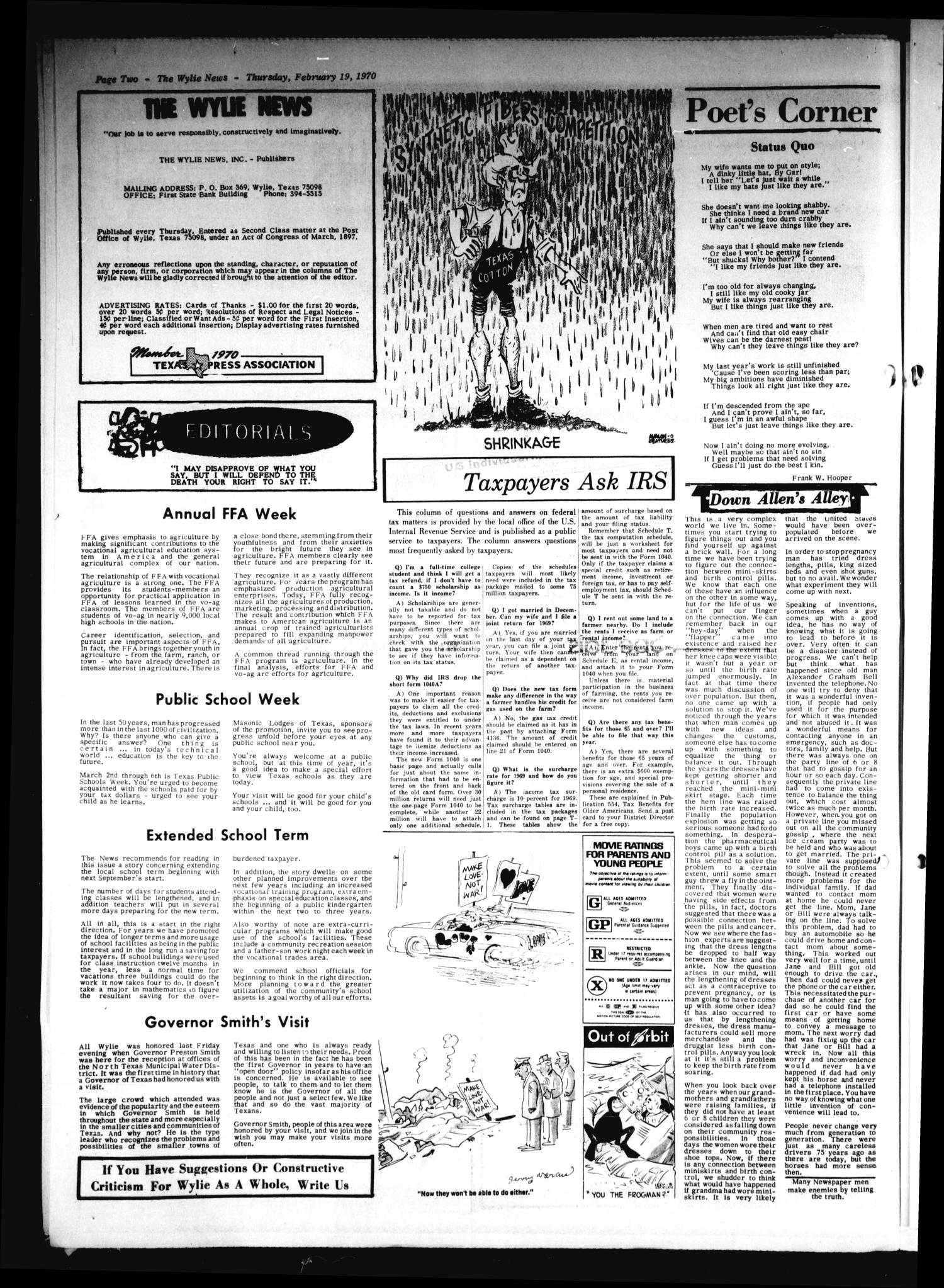 The Wylie News (Wylie, Tex.), Vol. 22, No. 36, Ed. 1 Thursday, February 19, 1970
                                                
                                                    [Sequence #]: 2 of 8
                                                