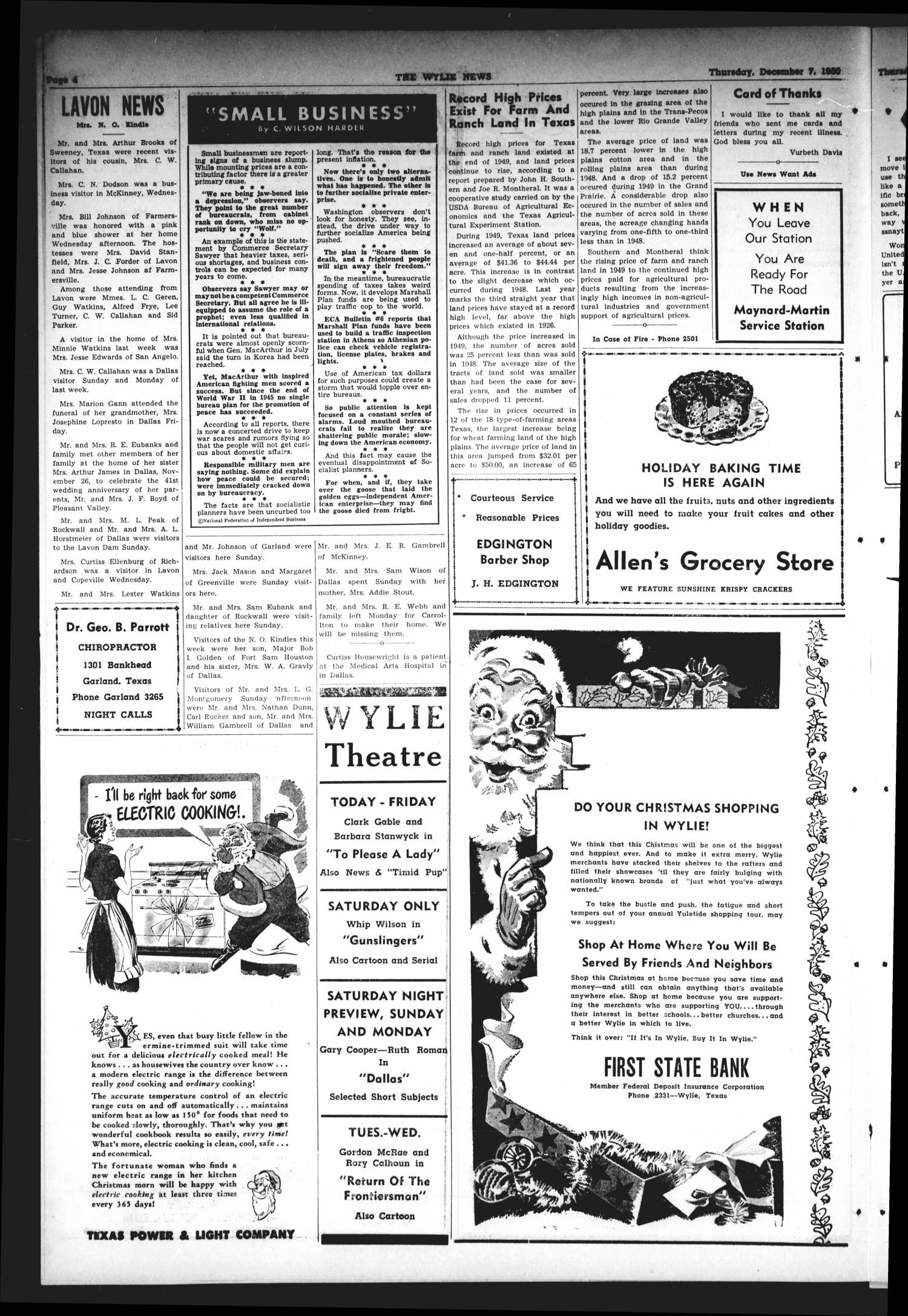The Wylie News (Wylie, Tex.), Vol. 3, No. 38, Ed. 1 Thursday, December 7, 1950
                                                
                                                    [Sequence #]: 4 of 8
                                                