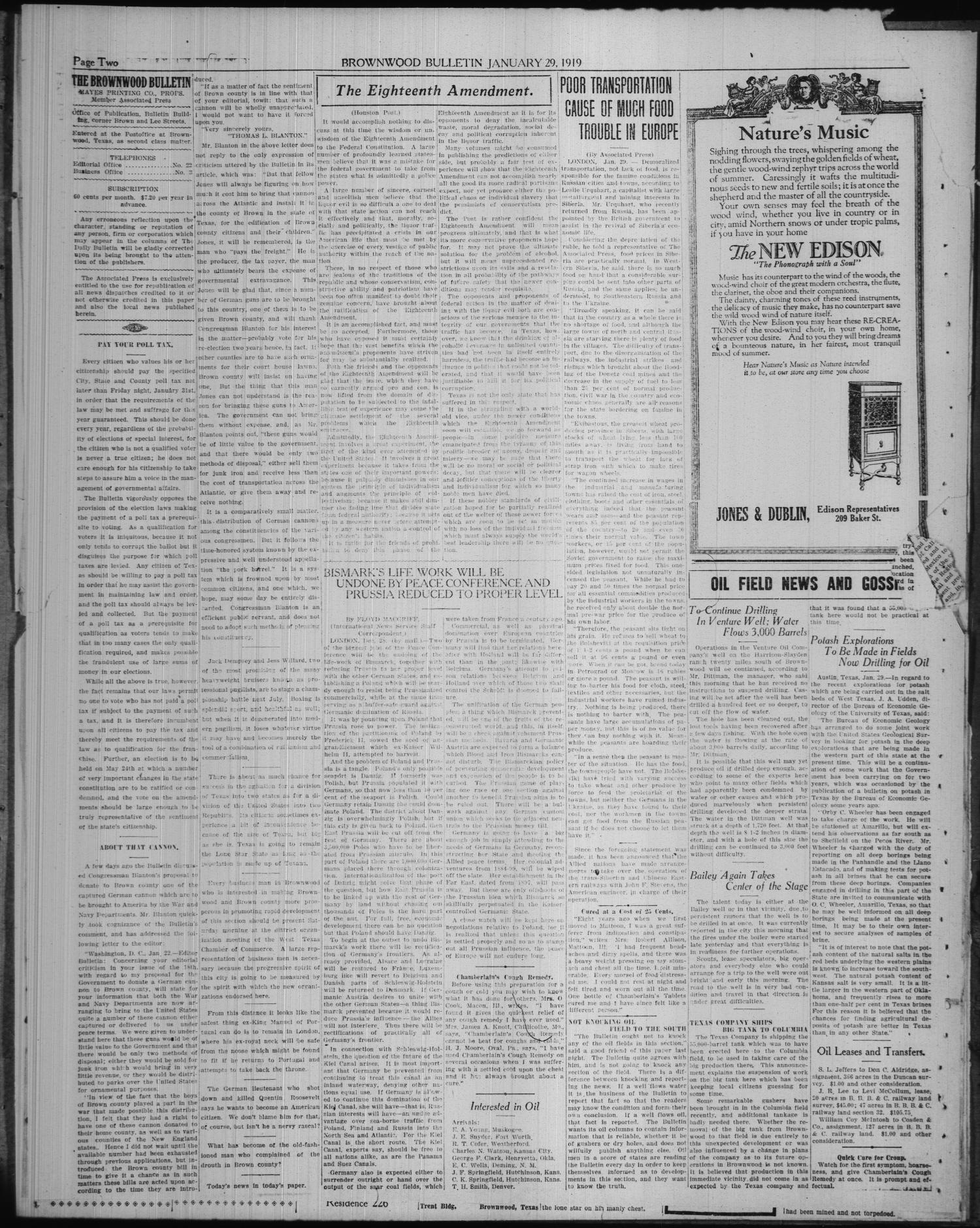 Brownwood Bulletin (Brownwood, Tex.), Vol. 18, No. 84, Ed. 1 Wednesday, January 29, 1919
                                                
                                                    [Sequence #]: 2 of 4
                                                