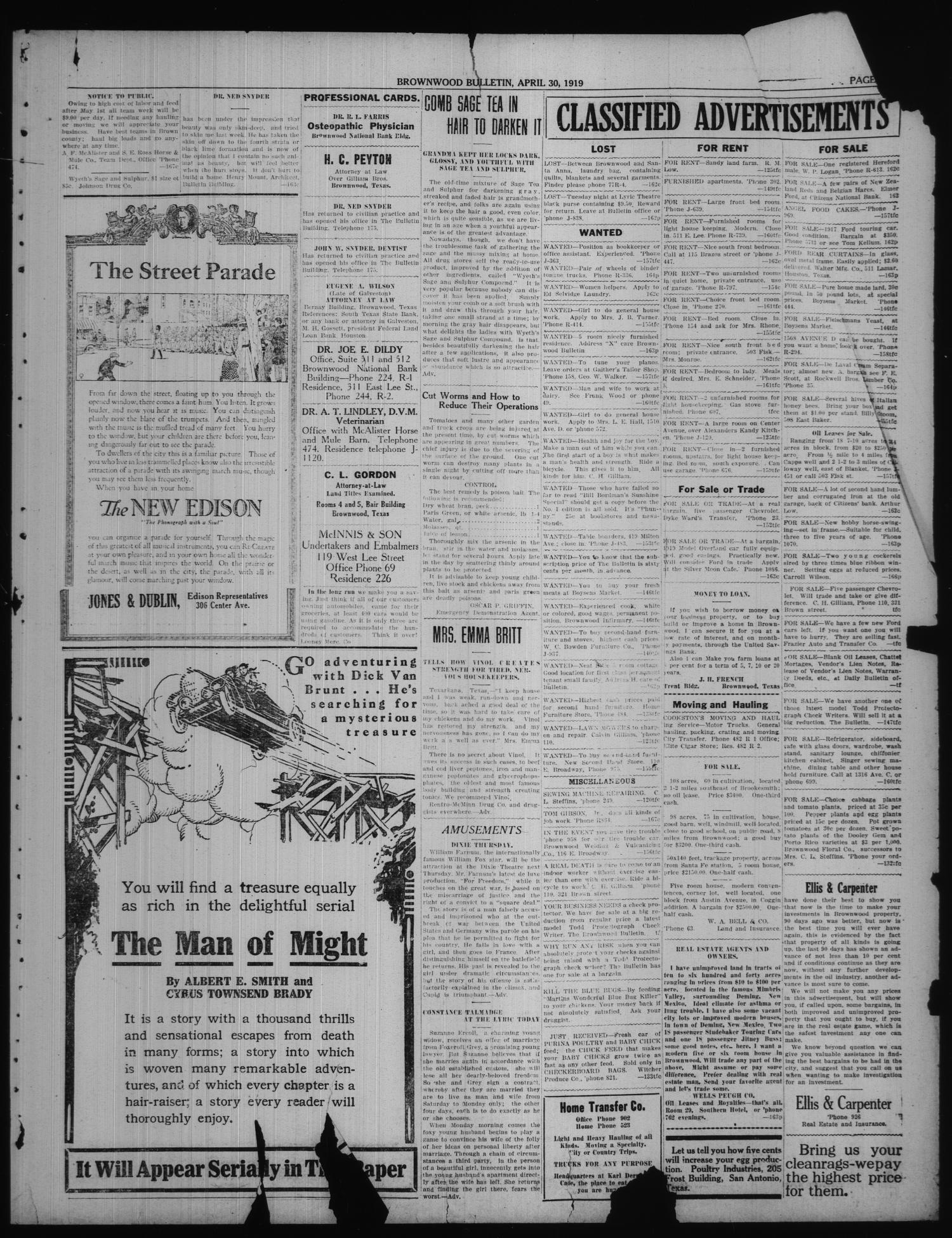 Brownwood Bulletin (Brownwood, Tex.), No. 162, Ed. 1 Wednesday, April 30, 1919
                                                
                                                    [Sequence #]: 5 of 6
                                                