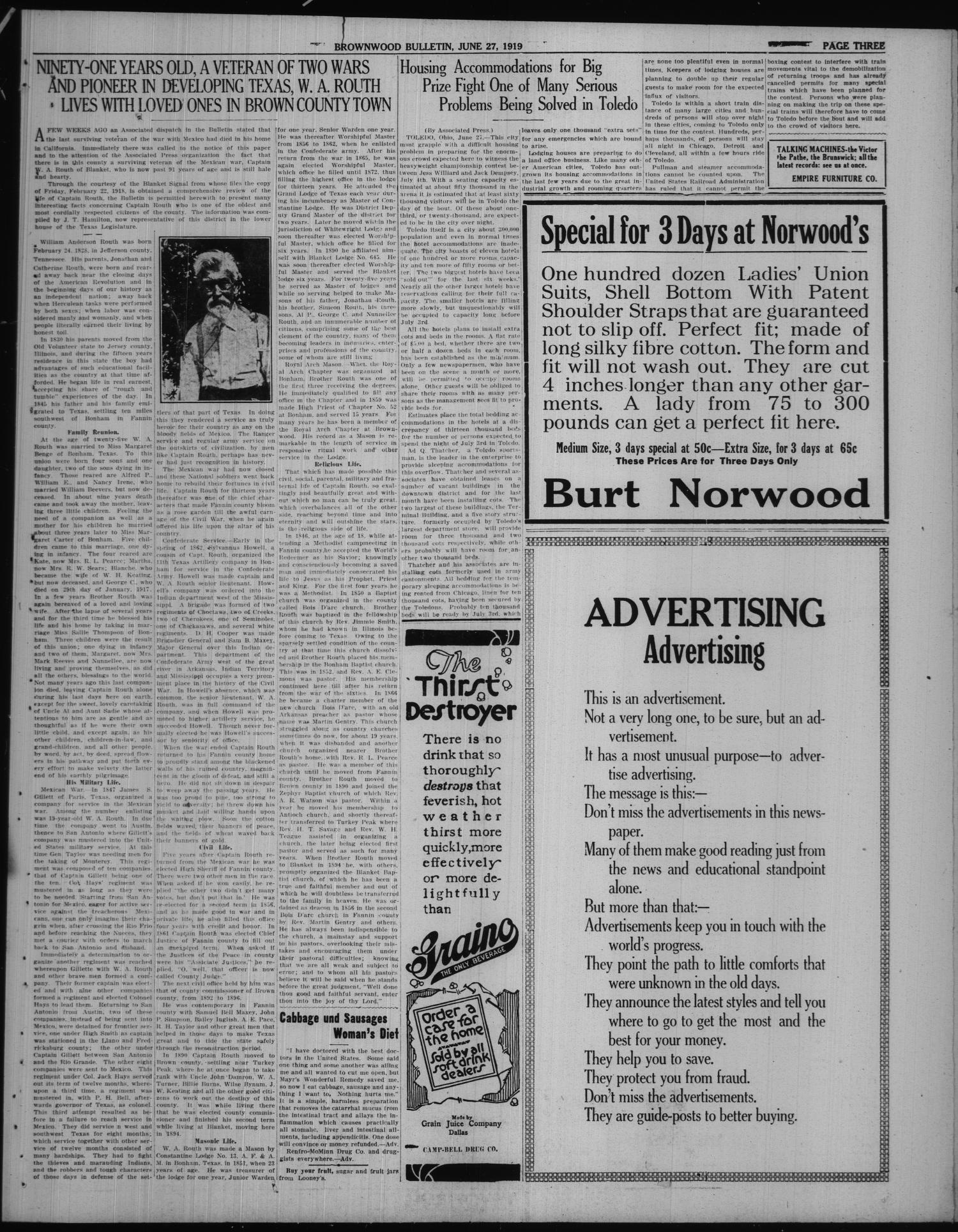 Brownwood Bulletin (Brownwood, Tex.), No. 212, Ed. 1 Friday, June 27, 1919
                                                
                                                    [Sequence #]: 3 of 6
                                                