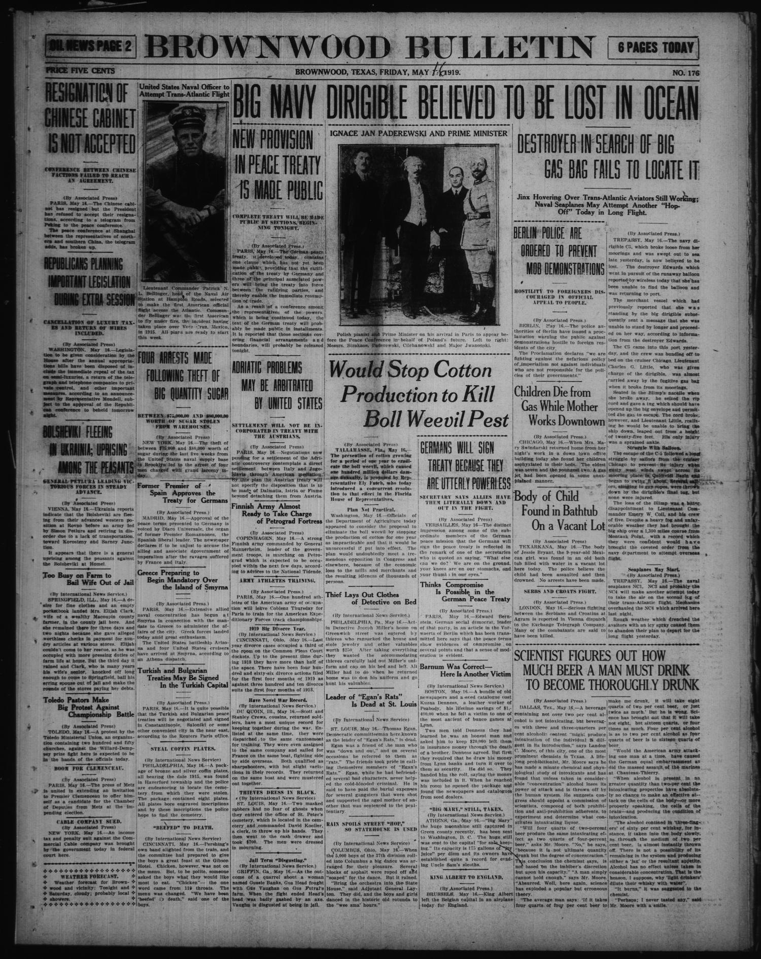 Brownwood Bulletin (Brownwood, Tex.), No. 176, Ed. 1 Friday, May 16, 1919
                                                
                                                    [Sequence #]: 1 of 6
                                                