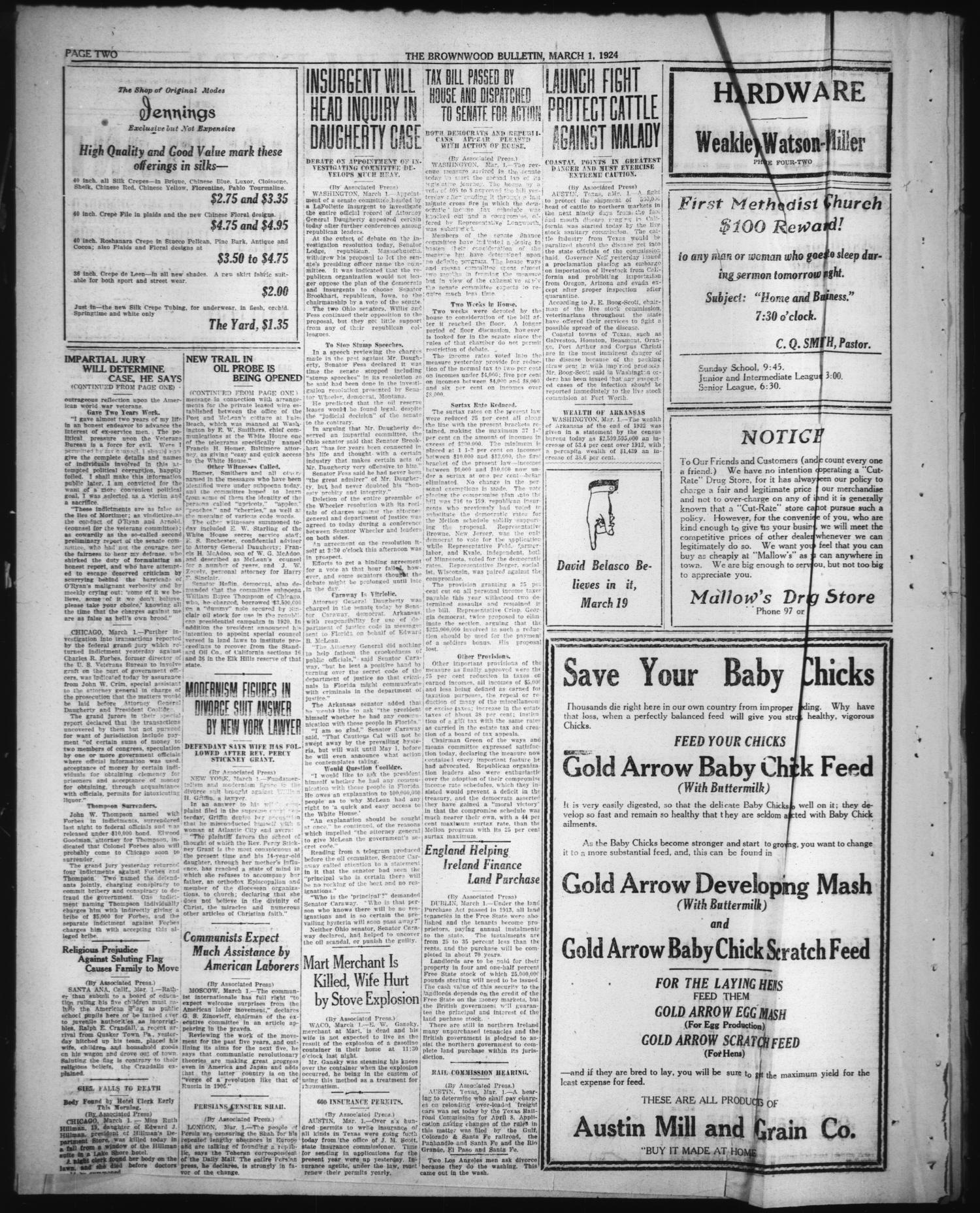 Brownwood Bulletin (Brownwood, Tex.), Vol. 24, No. 118, Ed. 1 Saturday, March 1, 1924
                                                
                                                    [Sequence #]: 2 of 8
                                                