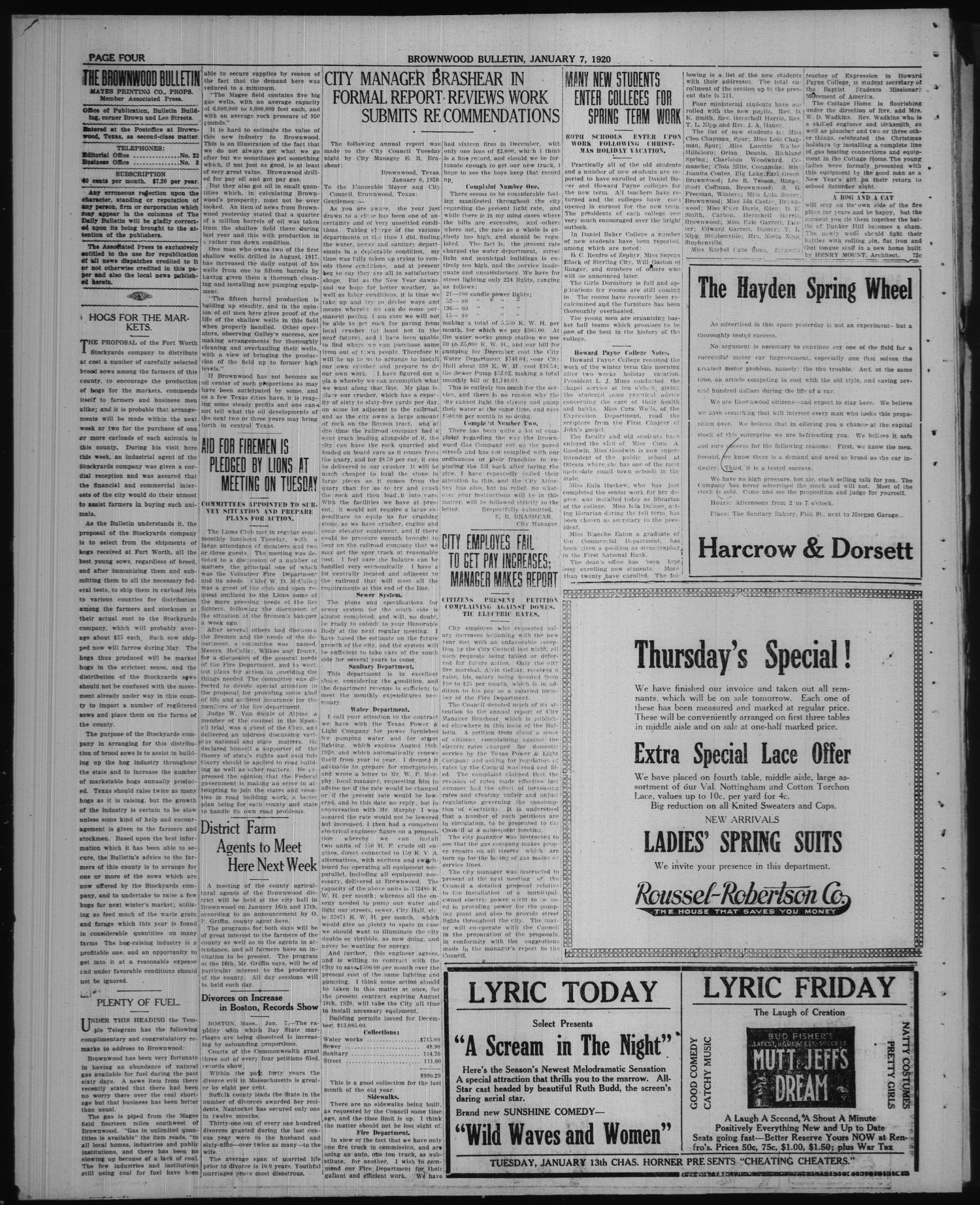 Brownwood Bulletin (Brownwood, Tex.), Vol. 20, No. 71, Ed. 1 Wednesday, January 7, 1920
                                                
                                                    [Sequence #]: 4 of 6
                                                